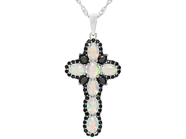 White Ethiopian Opal Rhodium Over Sterling Silver Cross
