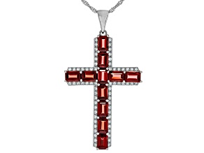 Red Garnet Rhodium Over Sterling Silver Cross Pendant With Chain 8.77ctw