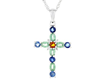 Picture of Multicolor Kyanite Rhodium Over Sterling Silver Cross Pendant With Chain 1.88ctw