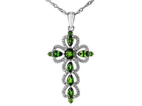 Green Chrome Diopside Rhodium Over Silver Cross Pendant Chain 2.04ctw