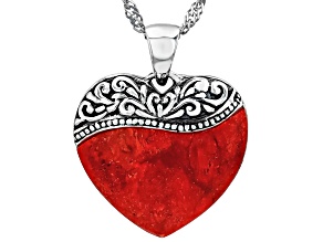 Red Coral Sterling Silver Heart Pendant With Chain