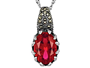 Red Lab Created Ruby With Marcasite Rhodium Over Sterling Silver Pendant With Chain 6.04ct