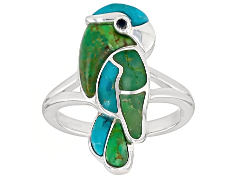 Multi Color Composite Turquoise Sterling Silver Bird Ring 0.02ctw