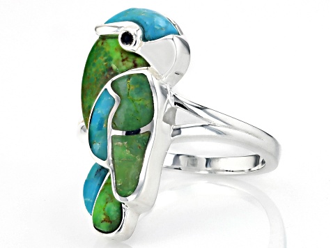 Multi Color Composite Turquoise Sterling Silver Bird Ring 0.02ctw