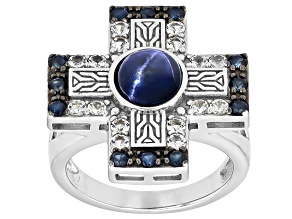 Blue Star Sapphire Rhodium Over Sterling Silver Cross Ring 1.00ctw