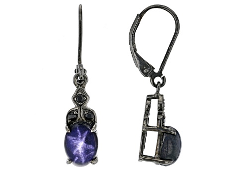 Blue Star Sapphire with Black Spinel, Black Rhodium Over Sterling Silver Dangle Earrings