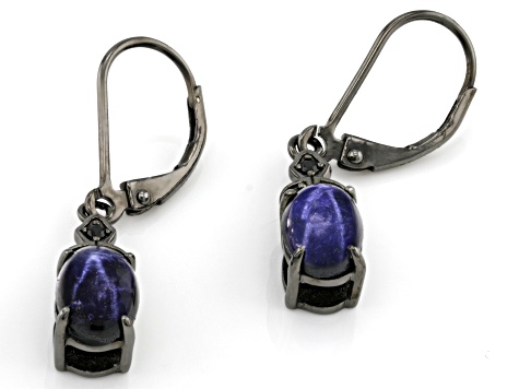 Blue Star Sapphire with Black Spinel, Black Rhodium Over Sterling Silver Dangle Earrings