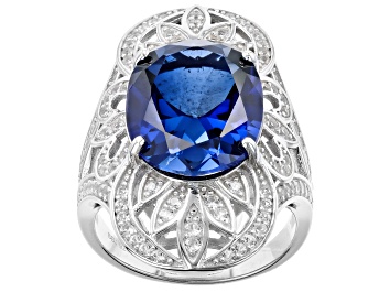 Picture of Blue Lab Created Sapphire Rhodium Over Silver Ring 9.43ctw
