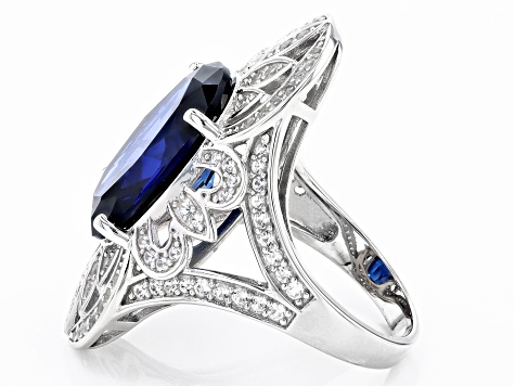 Blue Lab Created Sapphire Rhodium Over Silver Ring 9.43ctw