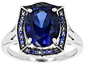 Picture of Blue Lab Created Sapphire Rhodium Over Silver Ring 3.08ctw