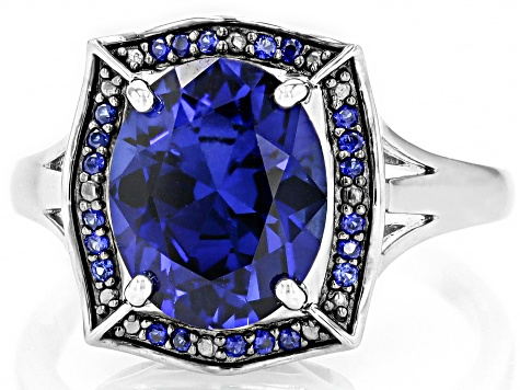 Blue Lab Created Sapphire Rhodium Over Silver Ring 3.08ctw