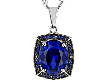 Picture of Blue Lab Created Sapphire Rhodium Over Silver Pendant with Chain 3.08ctw