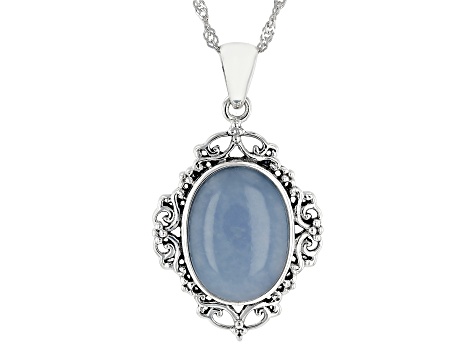Blue Angelite Sterling Silver Solitaire Pendant With Chain