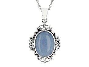 Blue Angelite Sterling Silver Solitaire Pendant With Chain