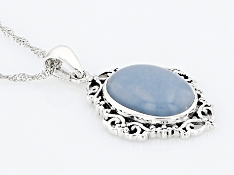 Blue Angelite Sterling Silver Solitaire Pendant With Chain