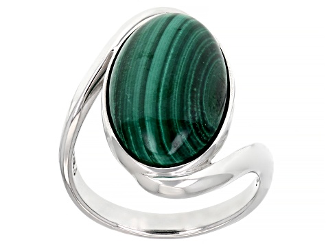 Green Malachite Rhodium Over Sterling Silver Bypass Solitaire Ring