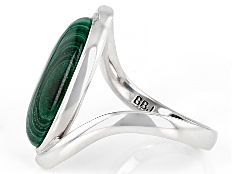 Green Malachite Rhodium Over Sterling Silver Bypass Solitaire Ring