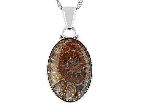 Brown Ammonite Shell Rhodium Over Sterling Silver Solitaire Pendant With Chain