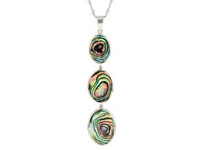 Multicolor Abalone Shell Rhodium Over Sterling Silver 3-Stone Pendant With Chain