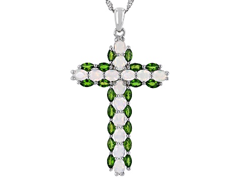 Multicolor Ethiopian Opal Rhodium Over Silver Cross Pendant Chain 2.59ctw