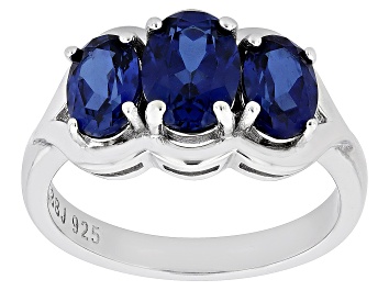 Picture of Blue Lab Created Sapphire Rhodium Over Sterling Silver 3-Stone Ring 4.25ctw