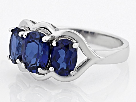 Blue Lab Created Sapphire Rhodium Over Sterling Silver 3-Stone Ring 4.25ctw