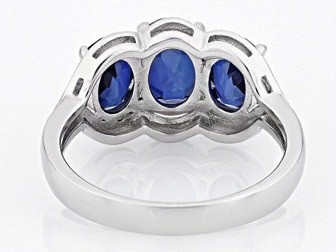 Blue Lab Created Sapphire Rhodium Over Sterling Silver 3-Stone Ring 4.25ctw