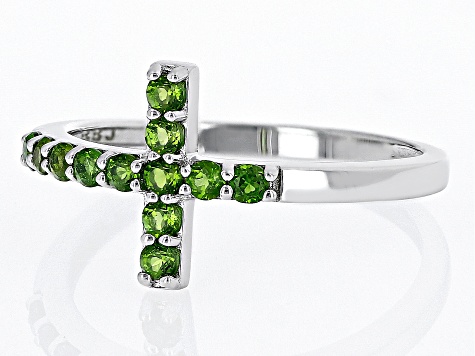 Green Chrome Diopside Rhodium Over Sterling Silver Cross Ring 0.41