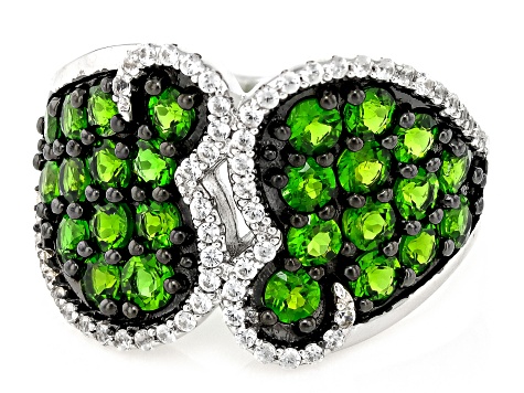 Green Chrome Diopside With White Zircon Rhodium Over Sterling Silver Ring 1.93ctw