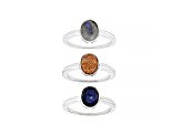 Blue Star Sapphire, Rainbow Moonstone, Sunstone Rhodium Over Silver Ring Set