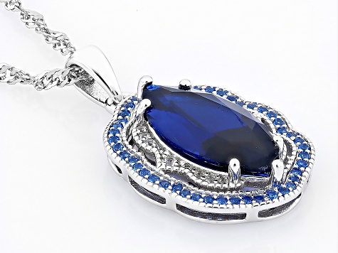 Blue Lab Created Spinel Rhodium Over Silver Pendant with Chain 3.64ctw