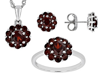 Picture of Red Garnet Rhodium Over Silver Ring,Earrings And Pendant With Chain set