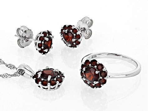 Red Garnet Rhodium Over Silver Ring,Earrings And Pendant With Chain set