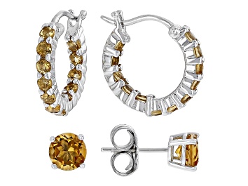 Picture of Yellow Citrine Rhodium Over Sterling Silver Studs And Hoop Earrings Set 2.24ctw
