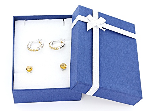 Yellow Citrine Rhodium Over Sterling Silver Studs And Hoop Earrings Set 2.24ctw