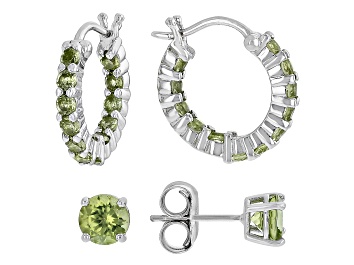 Picture of Green Peridot Rhodium Over Sterling Silver Studs And Hoop Earrings Set 2.24ctw