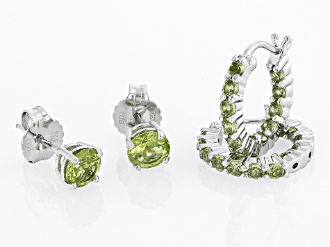 Green Peridot Rhodium Over Sterling Silver Studs And Hoop Earrings Set 2.24ctw