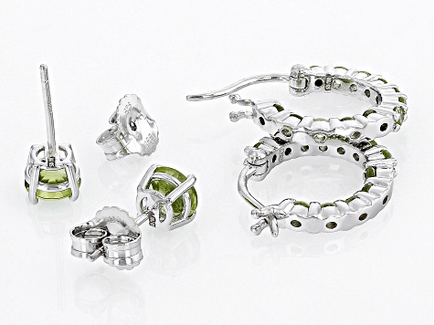 Green Peridot Rhodium Over Sterling Silver Studs And Hoop Earrings Set 2.24ctw