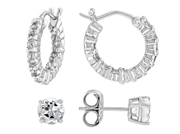 Picture of White Topaz Rhodium Over Sterling Silver Studs And Hoop Earrings Set 3.16ctw