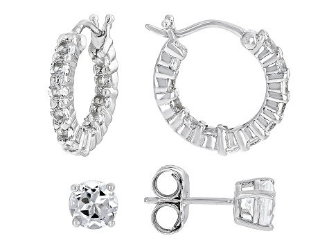 White Topaz Rhodium Over Sterling Silver Studs And Hoop Earrings Set 3.16ctw