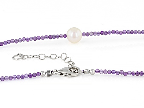 Purple Amethyst Rhodium Over Silver Bead Necklace 10.41ctw