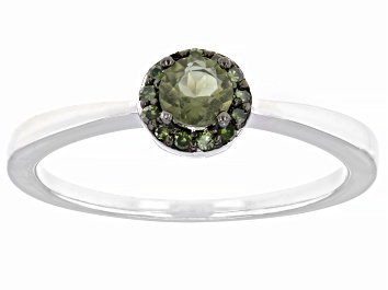 Picture of Green Moldavite Rhodium Over Silver Halo Ring 0.24ctw