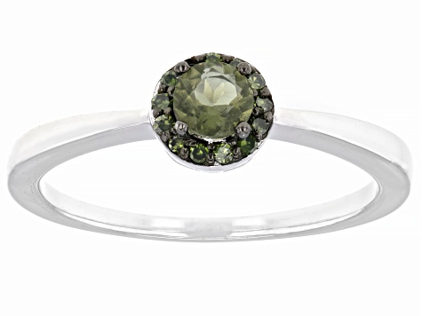 Green Moldavite Rhodium Over Silver Halo Ring 0.24ctw