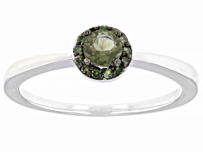 Green Moldavite Rhodium Over Silver Halo Ring 0.24ctw