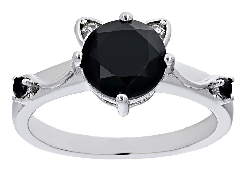 Black Spinel With White Zircon Rhodium Over Sterling Silver Cat Ring