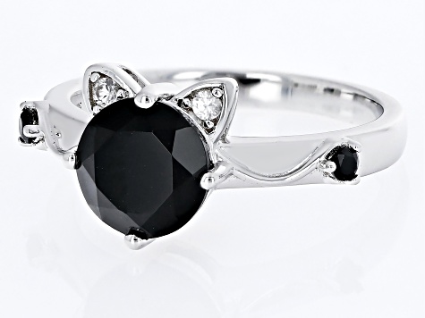 Black Spinel With White Zircon Rhodium Over Sterling Silver Cat Ring