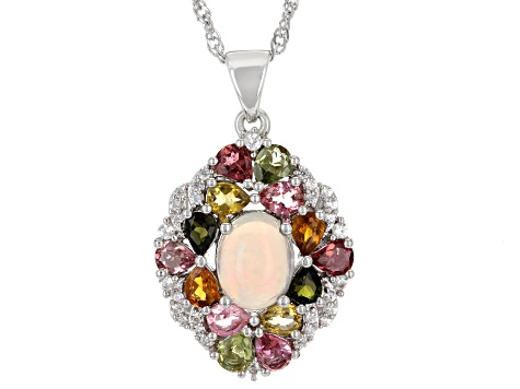 Multicolor Ethiopian Opal Rhodium Over Sterling Silver Pendant/Chain 3.38ctw