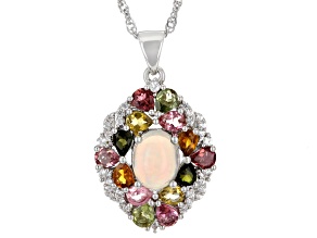 Multicolor Ethiopian Opal Rhodium Over Sterling Silver Pendant/Chain 3.38ctw