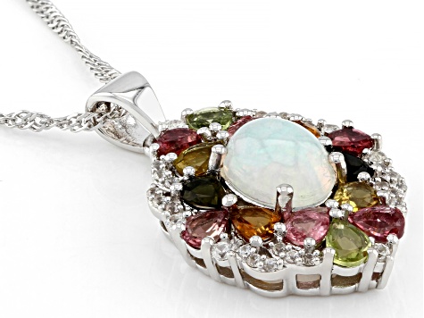 Multicolor Ethiopian Opal Rhodium Over Sterling Silver Pendant/Chain 3.38ctw