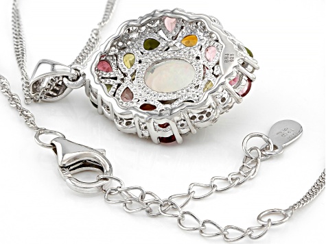 Multicolor Ethiopian Opal Rhodium Over Sterling Silver Pendant/Chain 3.38ctw